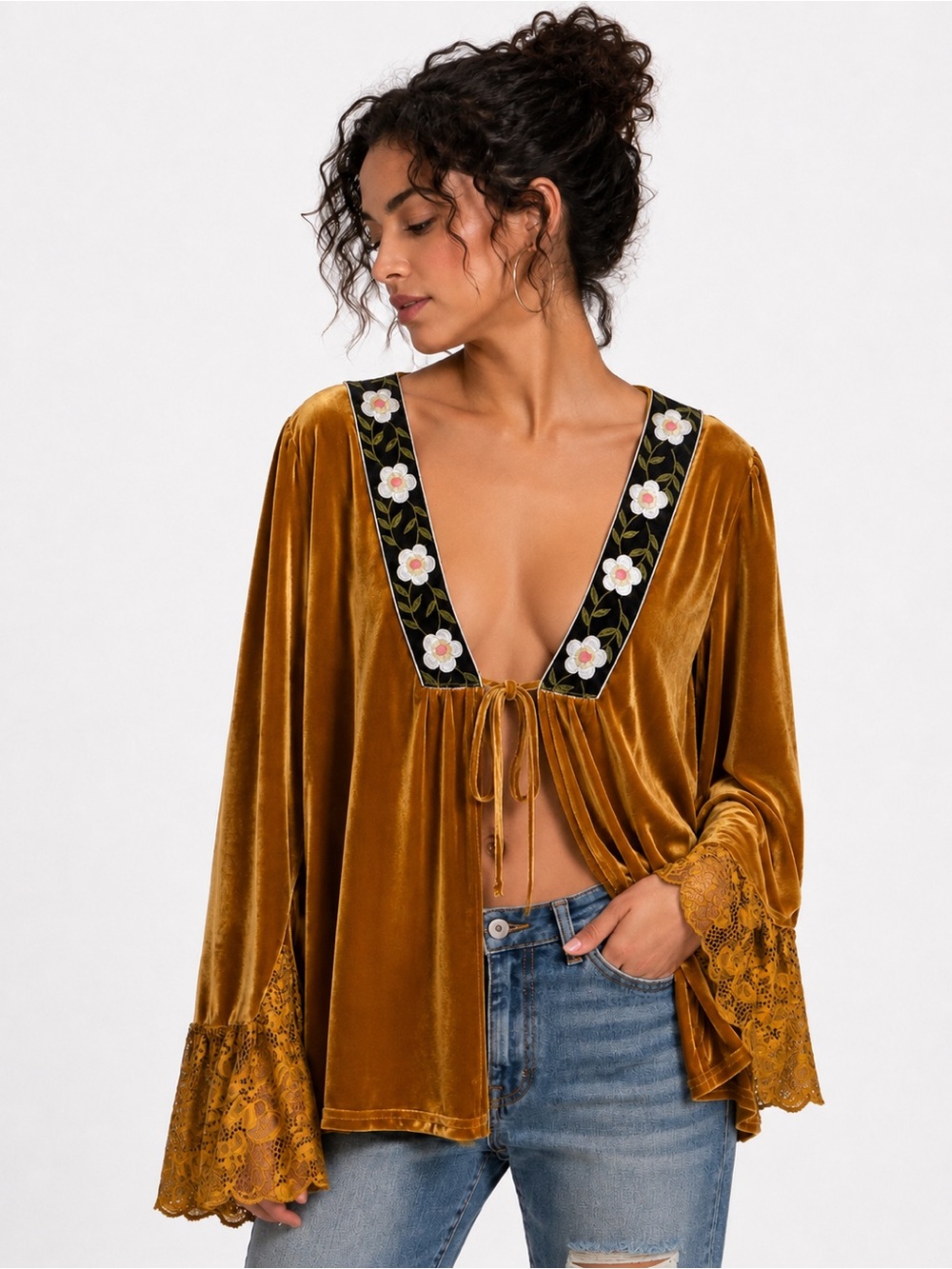 Velvet Tie-Front Boho Top with Floral Trim - Mustard Ptp 20